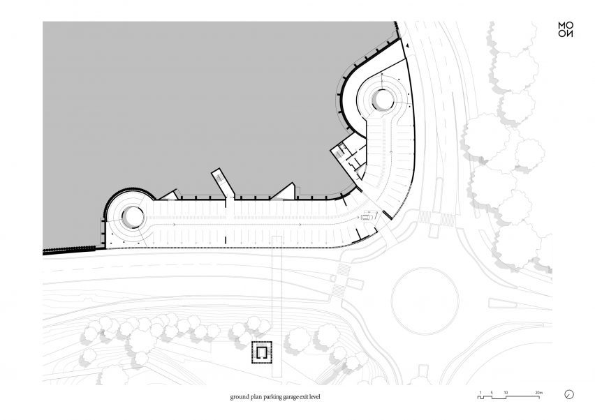 Plan drawing of carpark topped with a public park by Mono Architekten