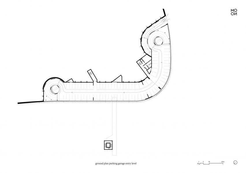 Plan drawing of carpark topped with a public park by Mono Architekten