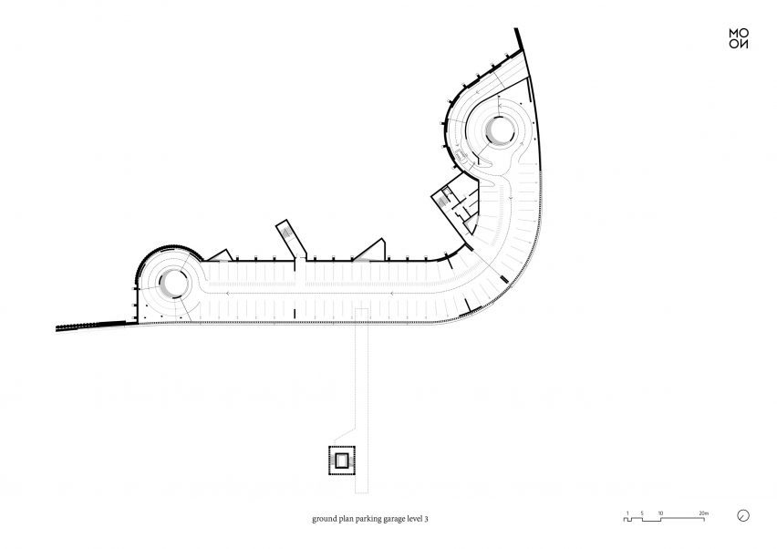 Plan drawing of carpark topped with a public park by Mono Architekten