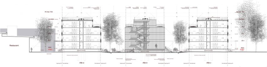 Section drawing of student accommodation in France designed by Igniacio Prego Architectures