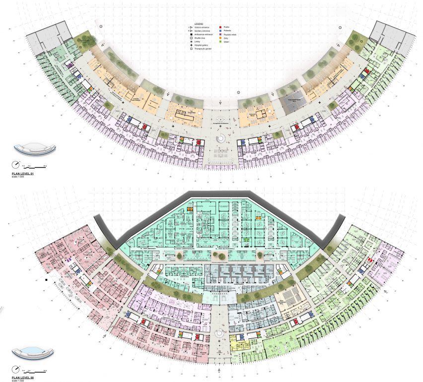 Ground and first floor plans of the Cremona hospital by Mario Cucinella Architects
