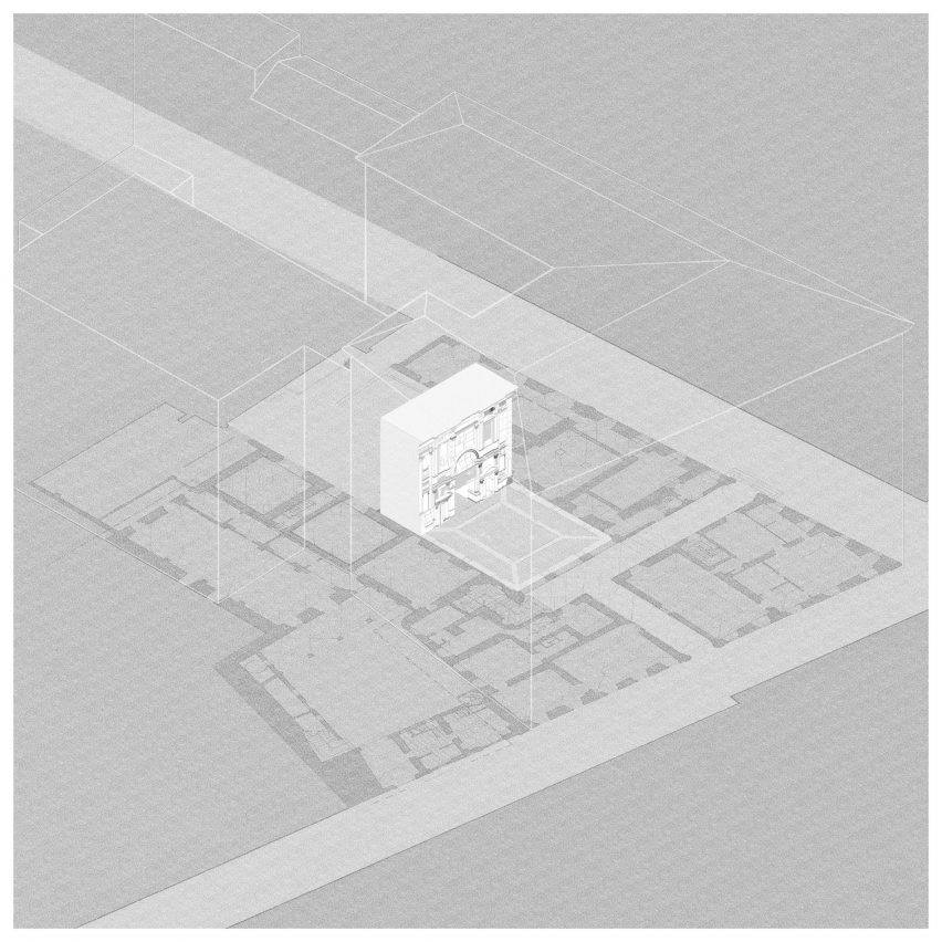 Axonometric drawing of the BassoRilievo temporary facade by ROBOCOOP