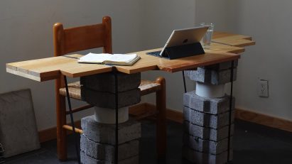 Table with reclaimed paving stone legs