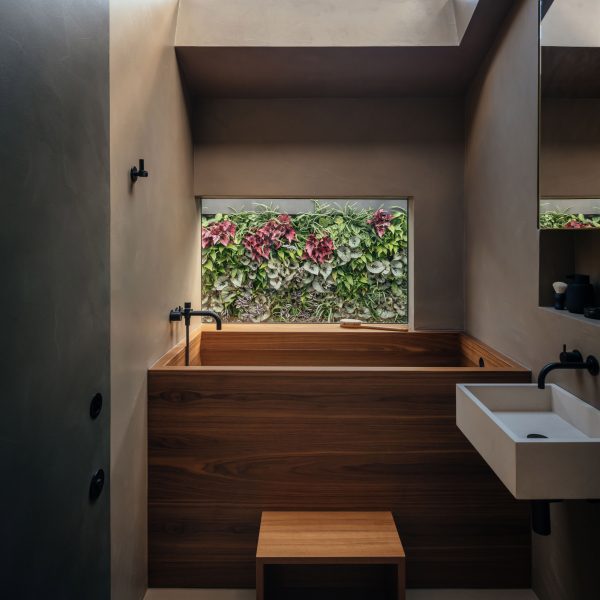 Bathroom with wooden tub
