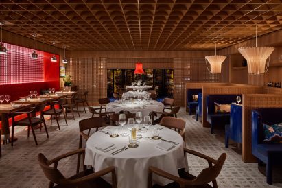 Gridded ceiling within dining hall