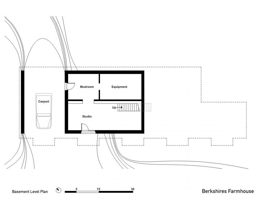 Basement level plan at Berkshires Farmhouse Massachusetts by Kinneymorrow