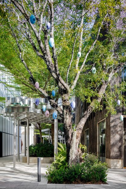 Colourful egg birds nest hanging from trees