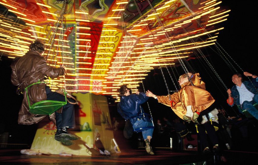 People flying on a ferris wheel