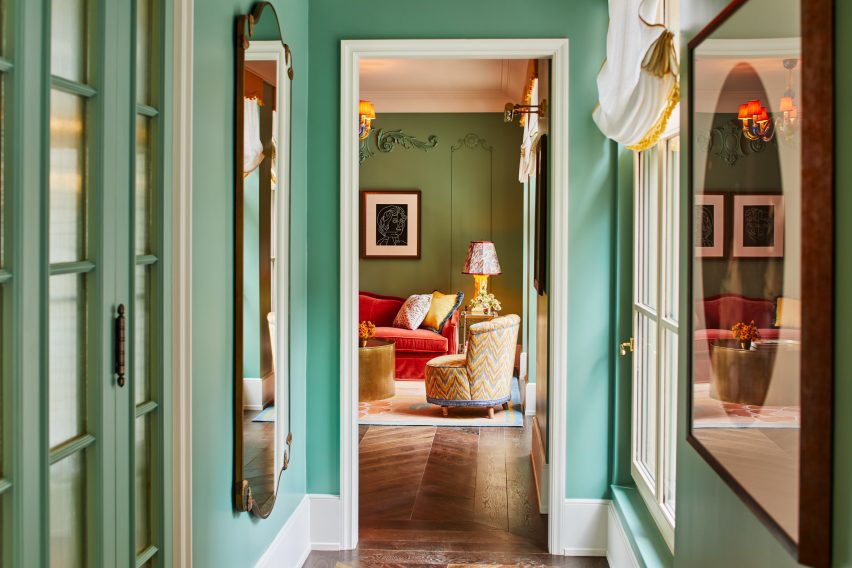 Green corridor in The Fifth Avenue Hotel by Martin Brudnizki