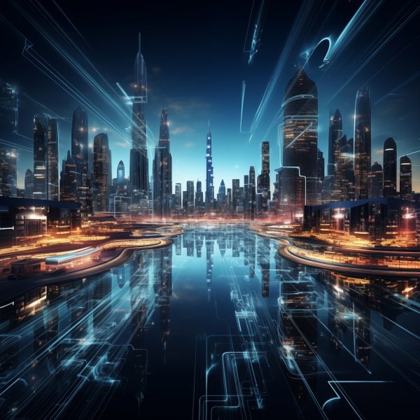 Computer generated image of a city with skyscrapers