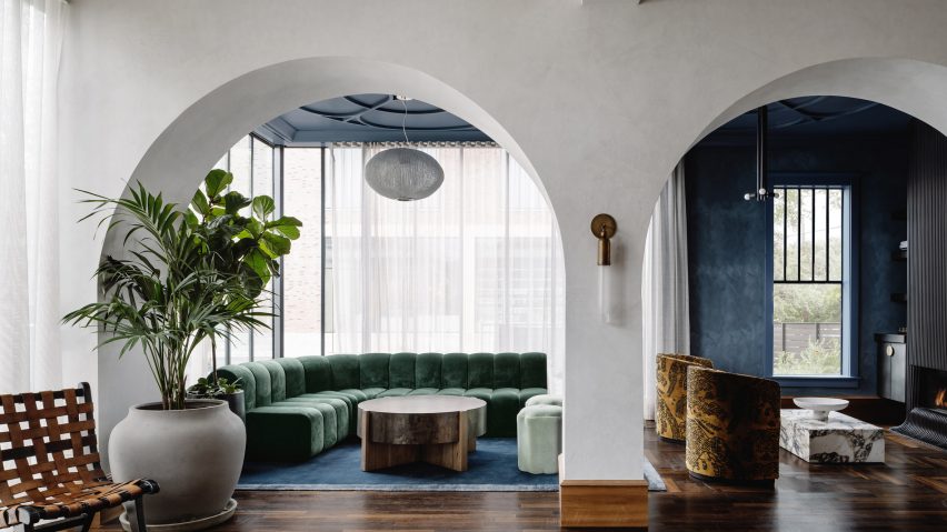Office interior with arched plaster wall