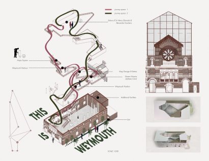 Architectural diagrams of the renovation of a church as a visit centre