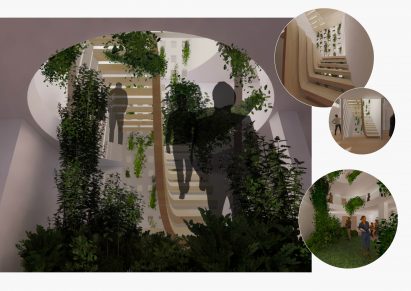 The interior of a care home that features plant walls and floors