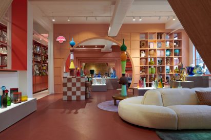 Plush cream sofa within Amsterdam homeware store