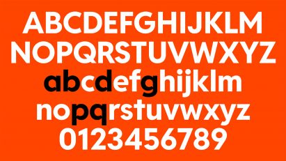 white and black type on an orange background