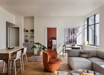 Contemporary residential interior with lounge and dining areas