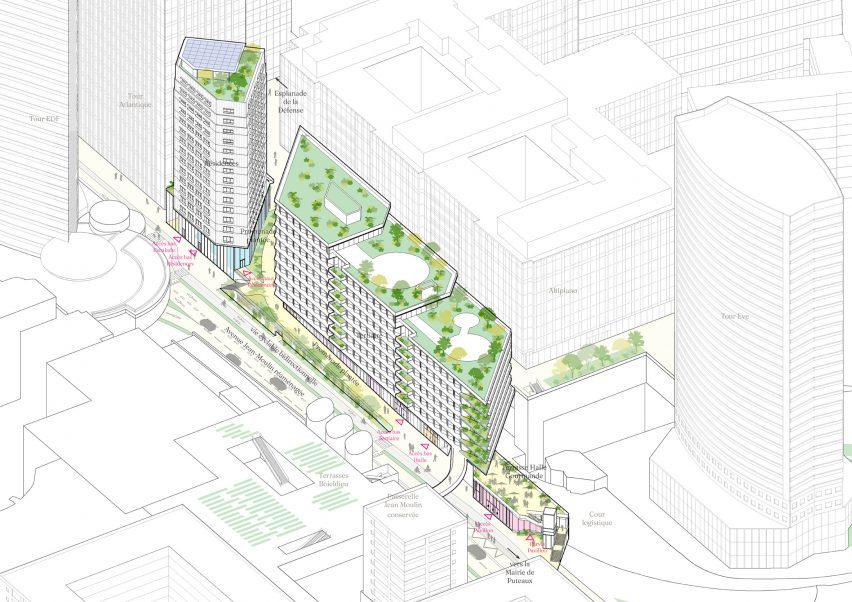 Axonometric of mixed use development in Paris business district by RSHP