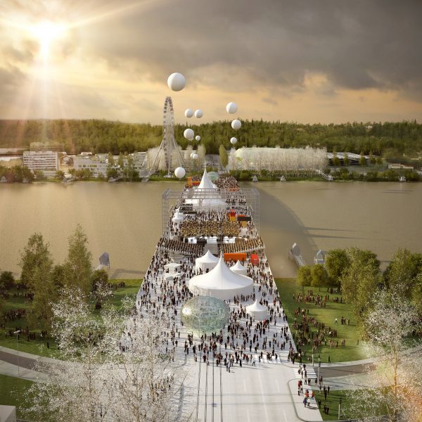 Aerial render of Simone-Veil Bridge by OMA