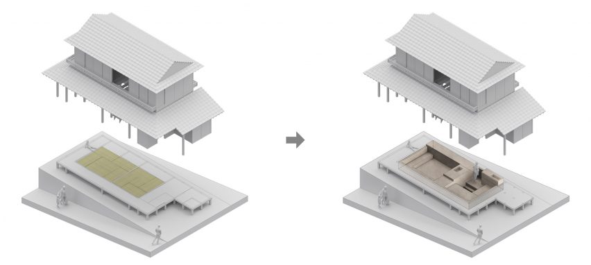 Concept diagrams of renovated minimalist home in Misumi, Japan by Studio AMB