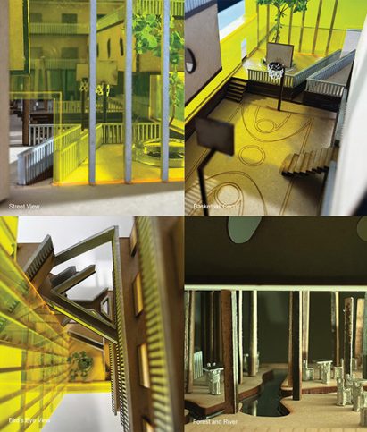 photos of models of basketball courts, corridors and studios