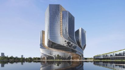 Tencent Helix office China reflected on lake