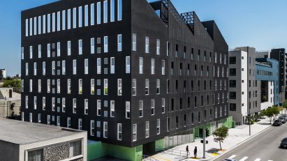 Black sawtooth apartment building in LA