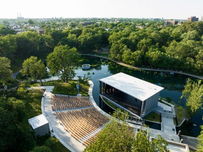 Stage and fan-shaped seating area by Lemay