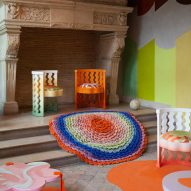 Brightly coloured chairs and a CC-Tapis rug presented in Uchronia's Think Pink installation