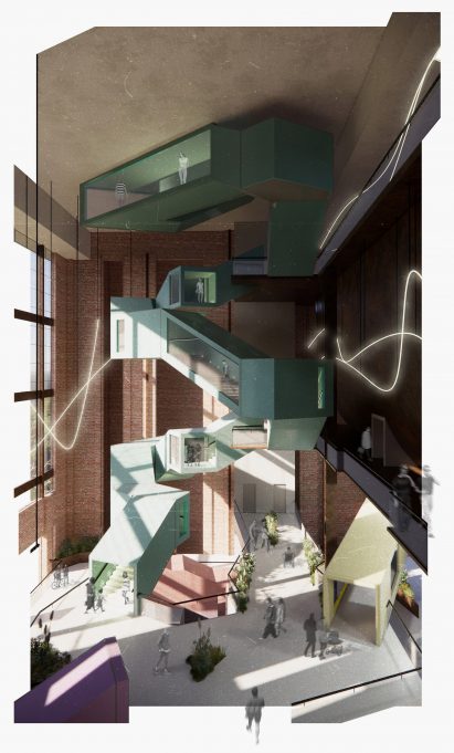 Lofty interior with green multi-level structure inside it