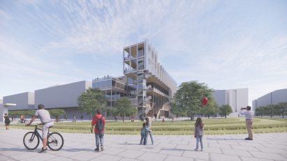 Visualisation showing pedestrians outside library building