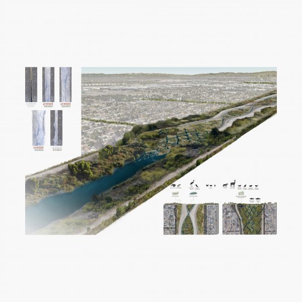 Visualisation showing a river beside a city