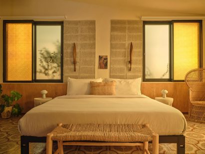 Tinted glass creating an amber glow in a bedroom