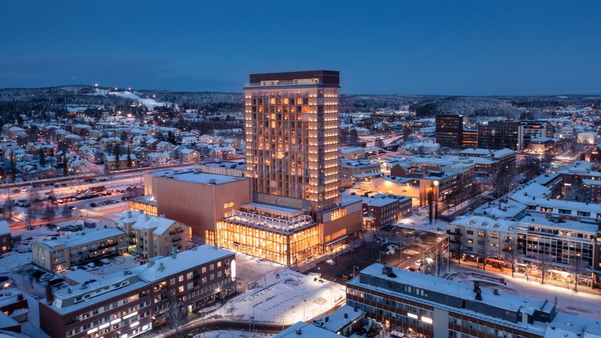 Drone shot of the Sara Cultural Centre at night in Skellefteå, Sweden