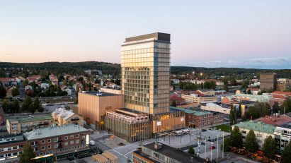 Drone shot of the Sara Cultural Centre in Skellefteå, Sweden