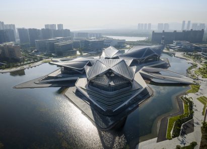 Aerial view of Zhuhai Jinwan Civic Art Centre by Zaha Hadid Architects