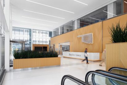 a lobby with wooden structure