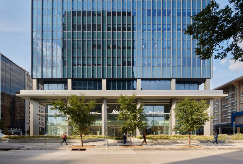 the entrance to a skyscraper