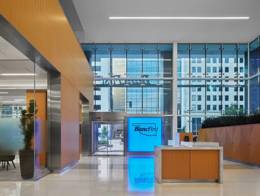 a lobby with light wood finishing