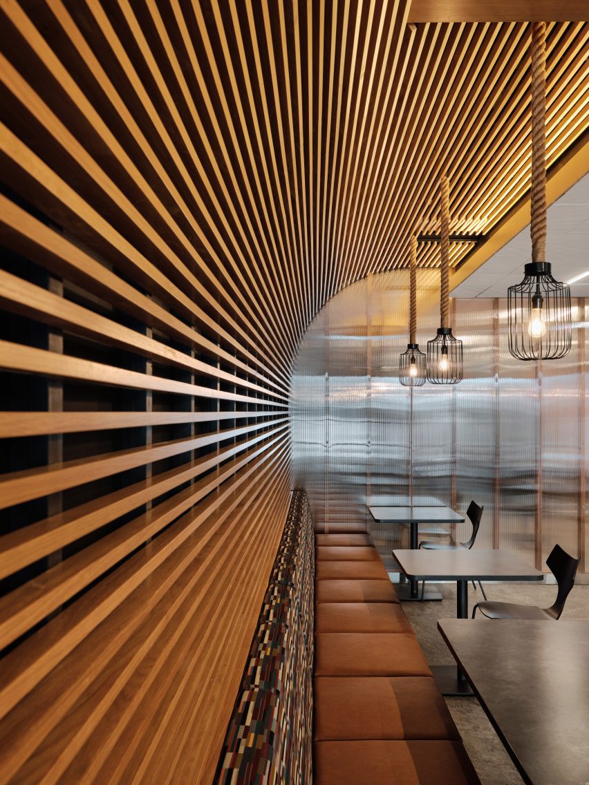 wooden slated wall that curves