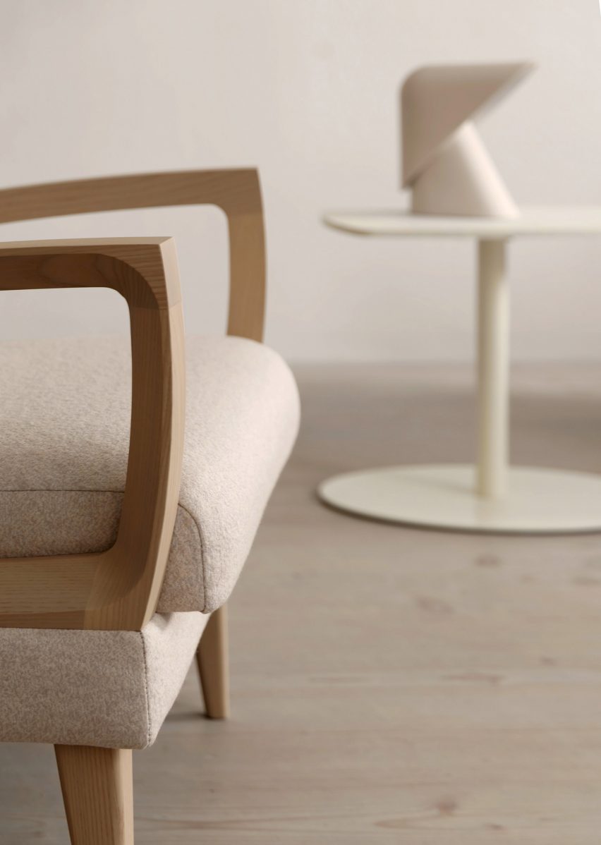 Close up of the wooden armrest of the Goodwood chair by Morgan