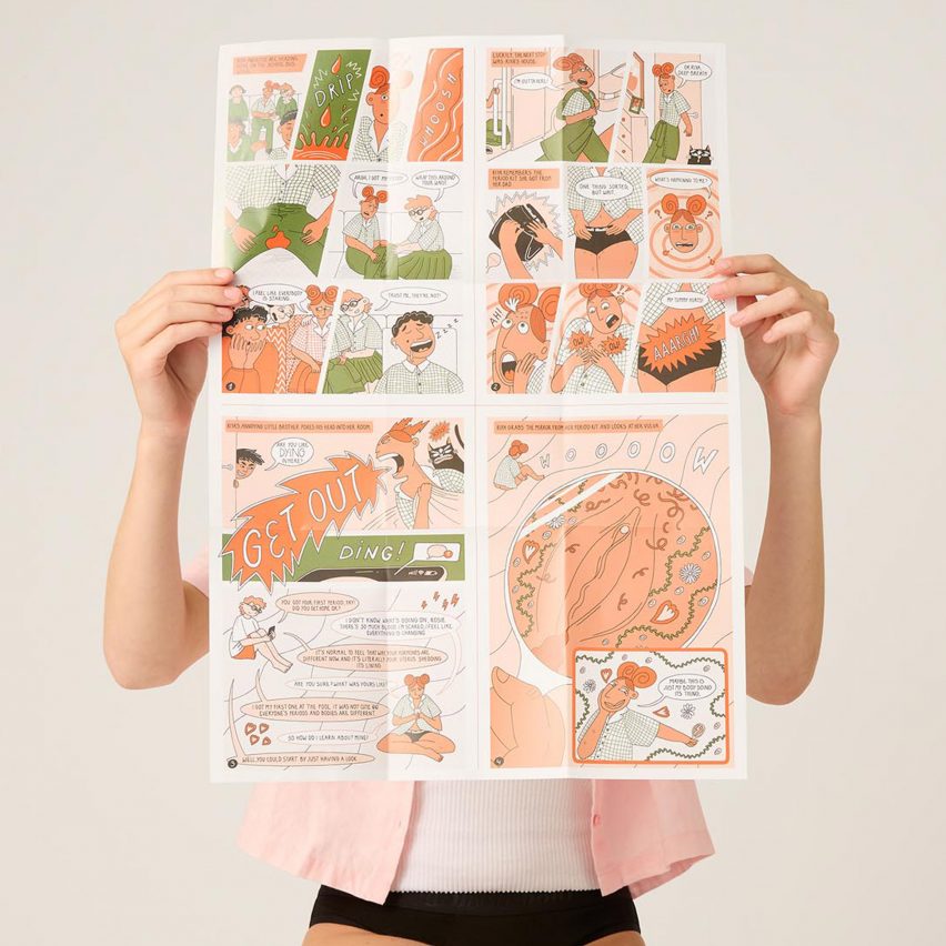 Model holding up Justyna Green's comic as part of Modibodi's First Period Kit, which depicts a teenage girl getting their first period