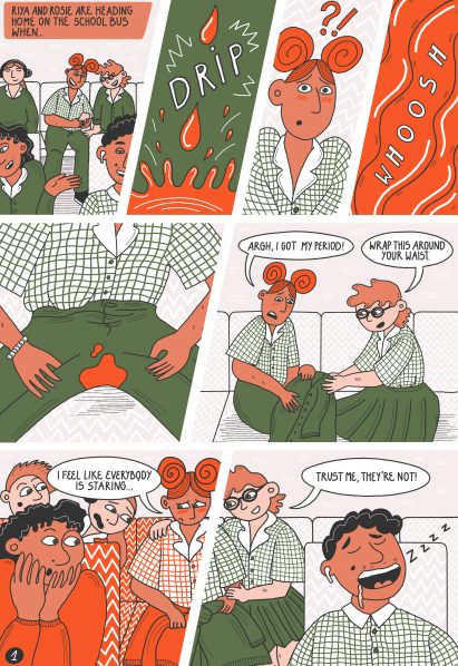 Justyna Green's comic as part of Modibodi's First Period Kit, which depicts a teenage girl getting their first period