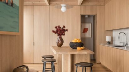 Wood-lined kitchen interior with floor-to-ceiling cabinets