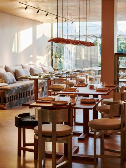 Copper lights in Portuguese restaurant