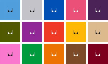 Herman Miller's M logo on colourful backdrops from rebrand by Order Design 