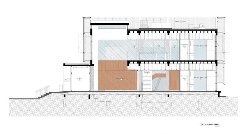 Section drawing of Biofarma building in Argentina by Santiago Viale and Juan Manuel Juarez