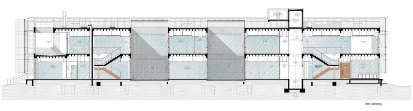 Section drawing of Biofarma building in Argentina by Santiago Viale and Juan Manuel Juarez