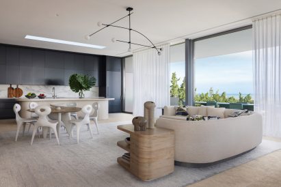 Kitchen area with curvy table and chairs