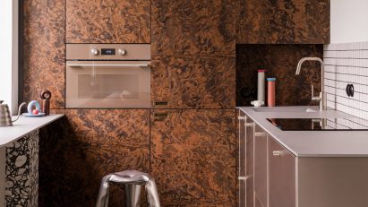 Burl wood kitchen from Warsaw apartment, Poland, by Mistovia