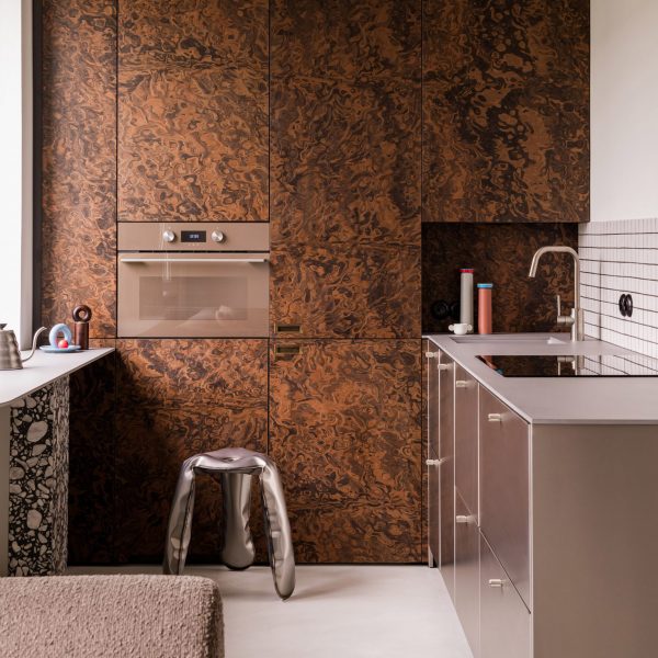 Burl wood kitchen from Warsaw apartment, Poland, by Mistovia